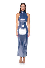 IN THE CROWD METALLIC MIDI DRESS IN BLUE