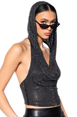 IN THE NAME OF LOVE HOODED RHINESTONE TOP IN BLACK