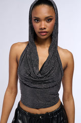 IN THE NAME OF LOVE HOODED RHINESTONE TOP IN BLACK