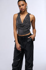 IN THE NAME OF LOVE HOODED RHINESTONE TOP IN BLACK