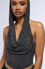 IN THE NAME OF LOVE HOODED RHINESTONE TOP IN BLACK