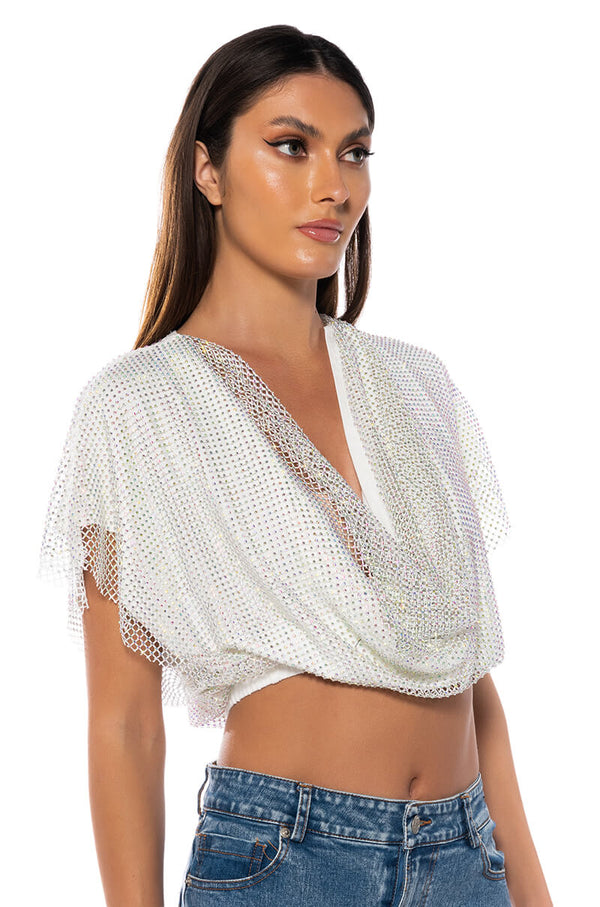 INDIGO DRAPED RHINESTONE MESH BLOUSE