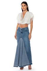 INDIGO DRAPED RHINESTONE MESH BLOUSE