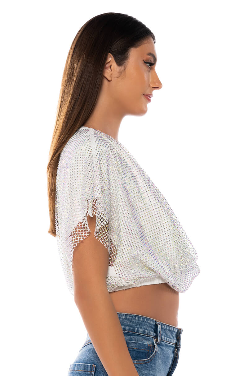 INDIGO DRAPED RHINESTONE MESH BLOUSE