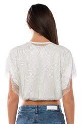 INDIGO DRAPED RHINESTONE MESH BLOUSE