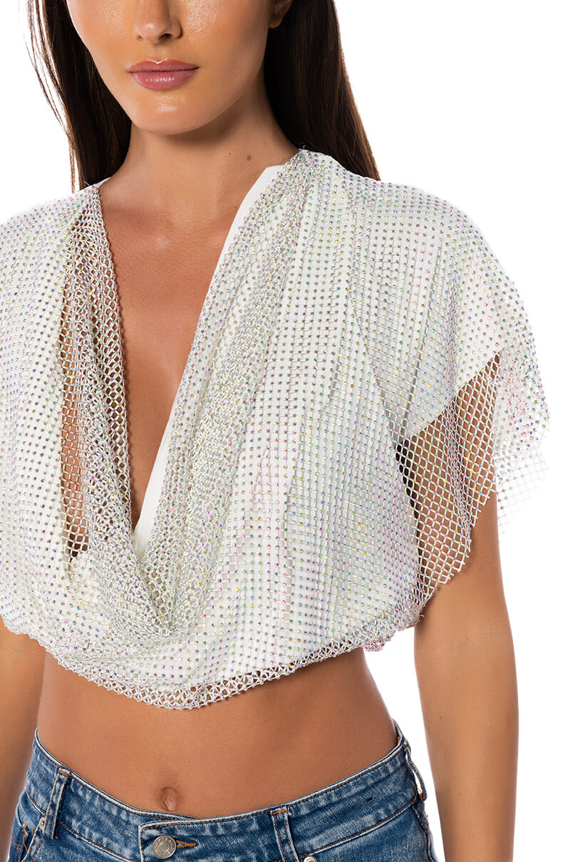 INDIGO DRAPED RHINESTONE MESH BLOUSE