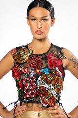 INKED SLEEVELESS SEQUIN APPLIQUE CROP TOP