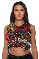 INKED SLEEVELESS SEQUIN APPLIQUE CROP TOP