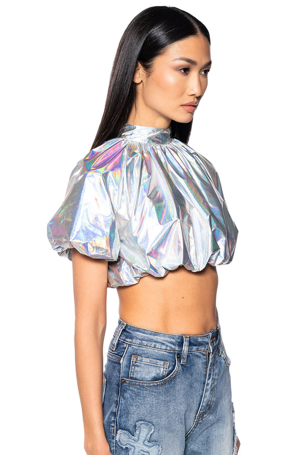INTERSTELLAR CROPPED METALLIC MOCK NECK TOP