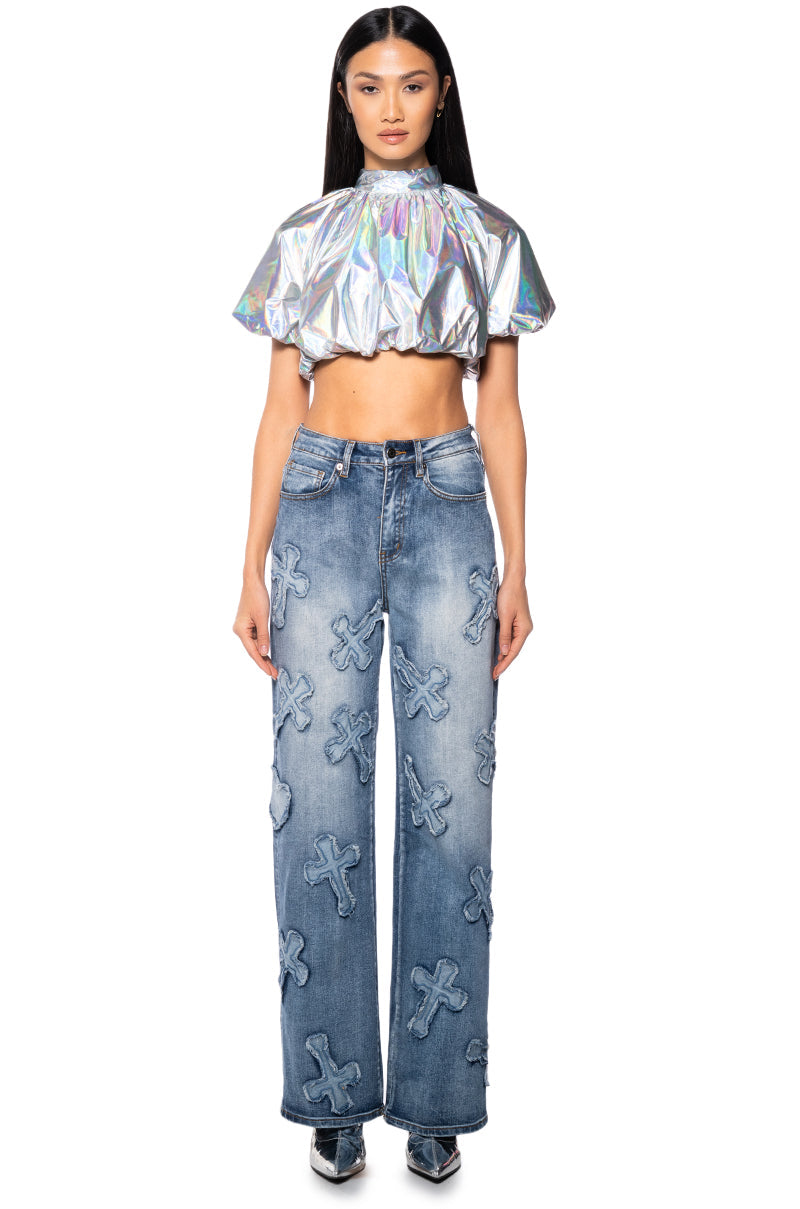 INTERSTELLAR CROPPED METALLIC MOCK NECK TOP
