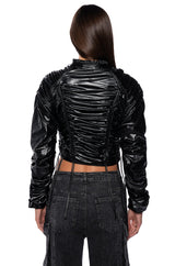 INTO THE MATRIX FAUX LEATHER RUCHED BLOUSE