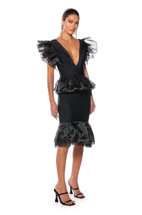 INTO THE NIGHT BLACK RUFFLE BANDAGE DRESS
