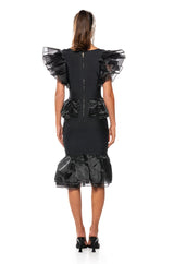 INTO THE NIGHT BLACK RUFFLE BANDAGE DRESS