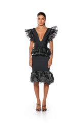 INTO THE NIGHT BLACK RUFFLE BANDAGE DRESS