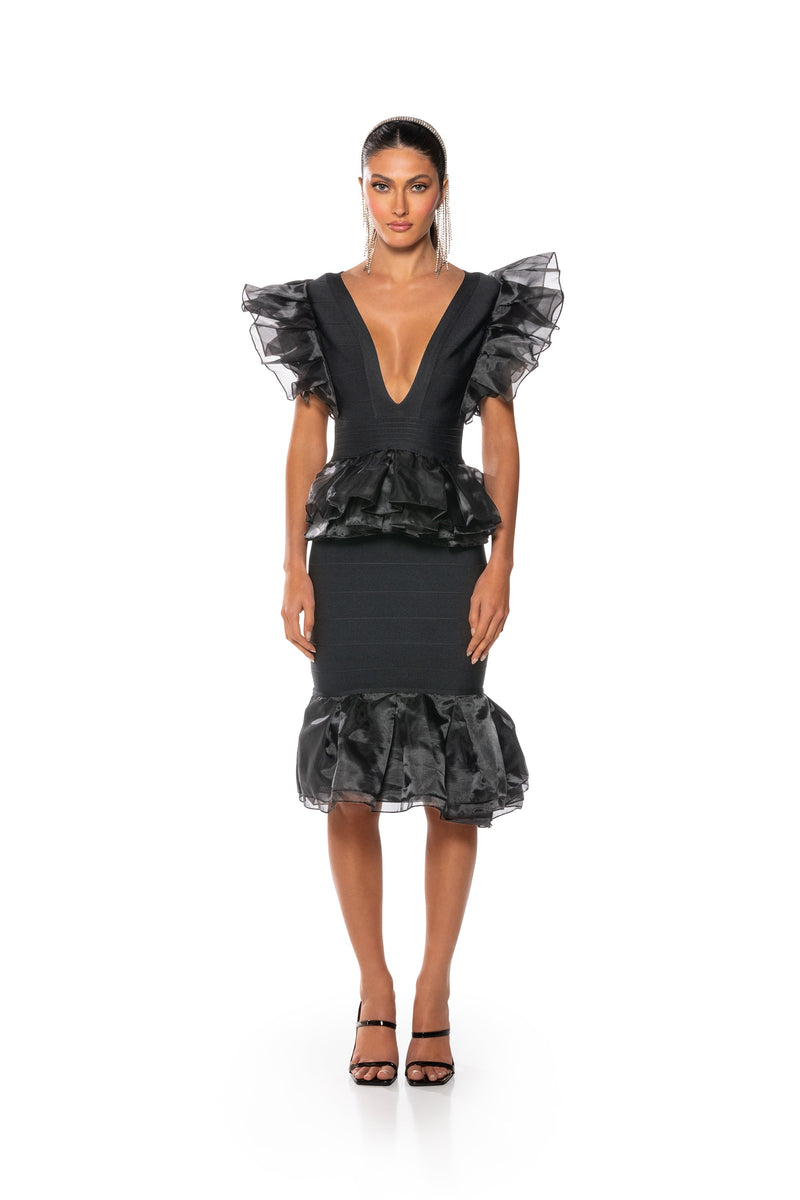 INTO THE NIGHT BLACK RUFFLE BANDAGE DRESS