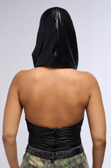 INTO THE NIGHT HOODED SLICK KNIT RUCHED BODYSUIT