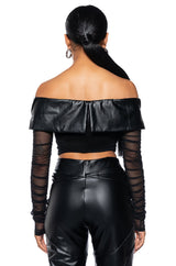 INVEST IN ME FAUX LEATHER OFF THE SHOULDER MESH TOP