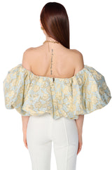 IRIS OFF THE SHOULDER BLUE BROCADE BLOUSE