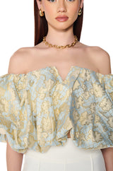 IRIS OFF THE SHOULDER BLUE BROCADE BLOUSE