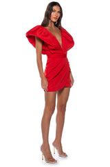 IRREPLACEABLE RUFFLE SLEEVE TULIP HEM MINI DRESS IN RED