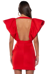 IRREPLACEABLE RUFFLE SLEEVE TULIP HEM MINI DRESS IN RED