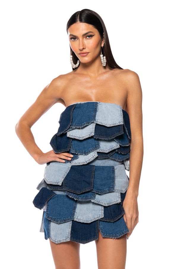ISLA DENIM PATCHWORK STRAPLESS MINI DRESS