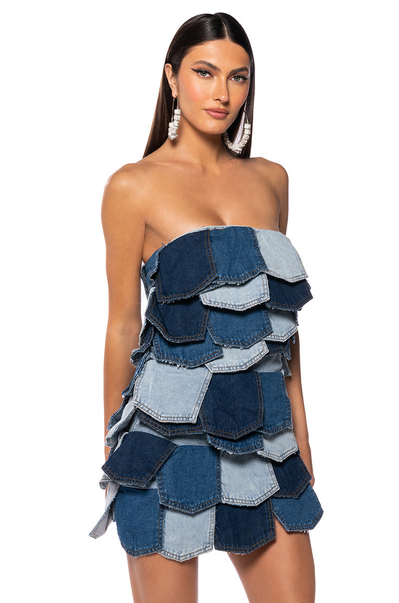 ISLA DENIM PATCHWORK STRAPLESS MINI DRESS