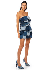 ISLA DENIM PATCHWORK STRAPLESS MINI DRESS
