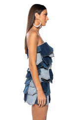 ISLA DENIM PATCHWORK STRAPLESS MINI DRESS
