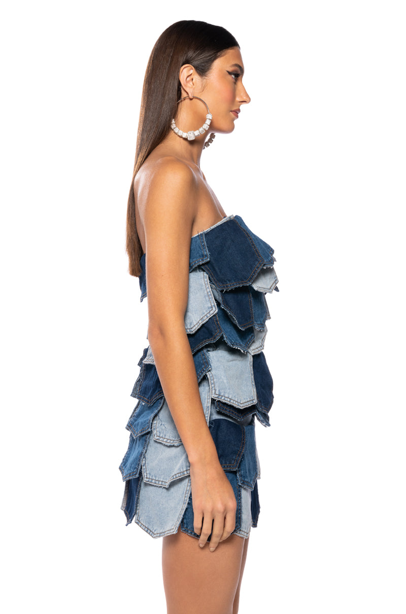 ISLA DENIM PATCHWORK STRAPLESS MINI DRESS