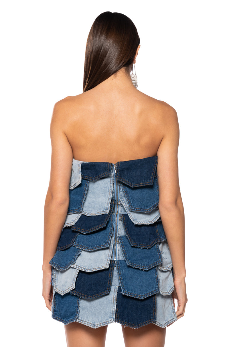 ISLA DENIM PATCHWORK STRAPLESS MINI DRESS
