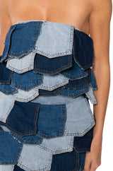 ISLA DENIM PATCHWORK STRAPLESS MINI DRESS