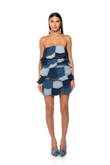 ISLA DENIM PATCHWORK STRAPLESS MINI DRESS