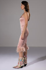 ISLA FEATHER DETAIL STRAPLESS MIDI DRESS