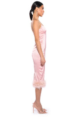 ISLA FEATHER DETAIL STRAPLESS MIDI DRESS