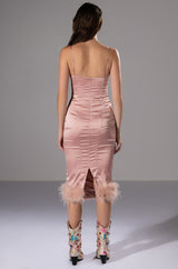 ISLA FEATHER DETAIL STRAPLESS MIDI DRESS
