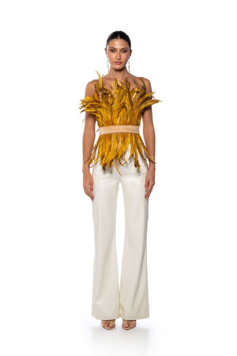 ISLA STATEMENT STRAPLESS FEATHER TOP
