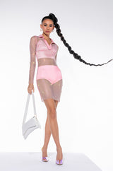 ISSA LOOK MINI RHINESTONE MESH DRESS