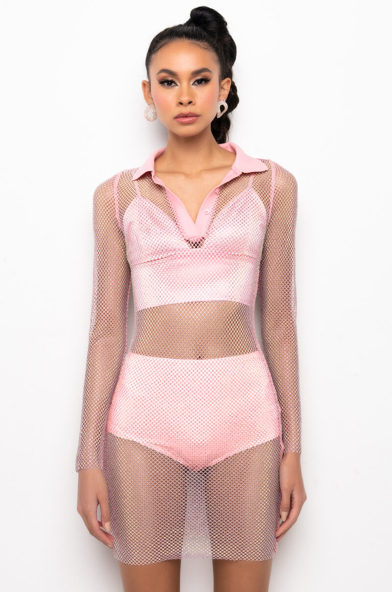 ISSA LOOK MINI RHINESTONE MESH DRESS