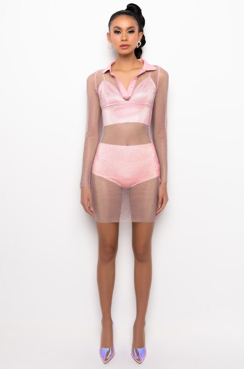 ISSA LOOK MINI RHINESTONE MESH DRESS