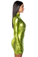 IT GIRL METALLIC MINI DRESS IN GREEN