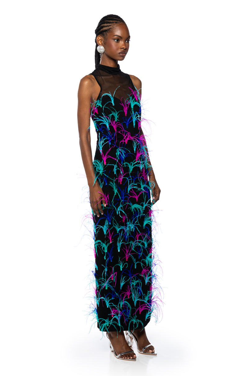 JAZZED UP FEATHER MAXI DRESS