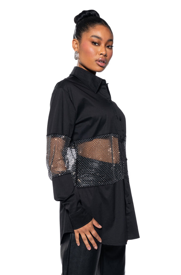 JOSIE RHINESTONE MESH POPLIN BUTTON DOWN