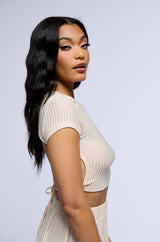 JUST LIKE MAGIC METALLIC KNIT OPEN BACK TOP IN BEIGE
