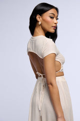 JUST LIKE MAGIC METALLIC KNIT OPEN BACK TOP IN BEIGE
