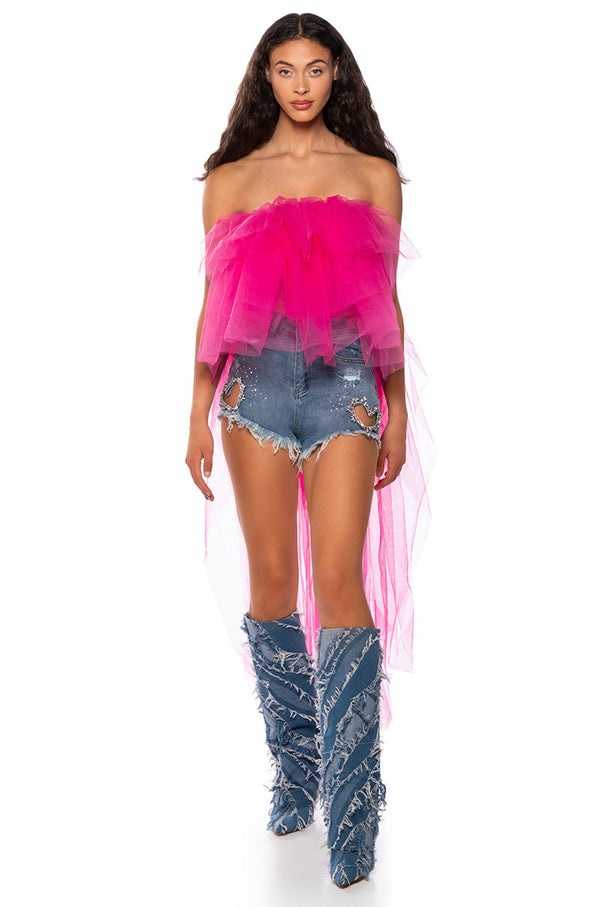 KADEN STRAPLESS HIGH LOW TULLE TOP IN PINK
