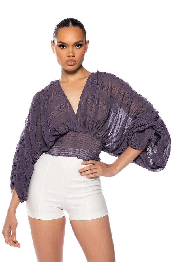 KAHANU FLOWY PLEATED LONG SLEEVE BLOUSE