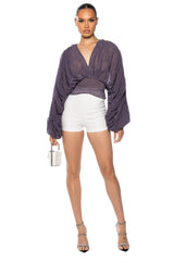 KAHANU FLOWY PLEATED LONG SLEEVE BLOUSE