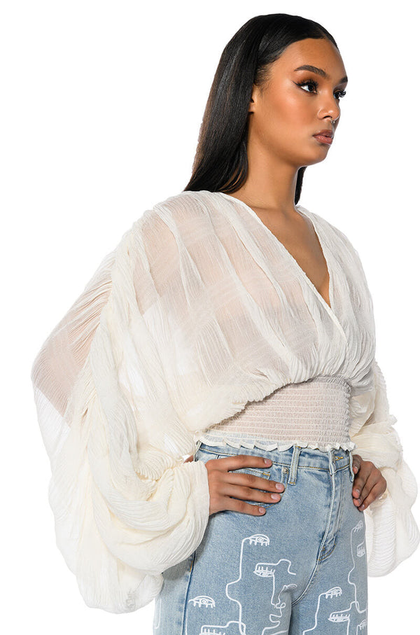 KAHANU FLOWY PLEATED LONG SLEEVE BLOUSE