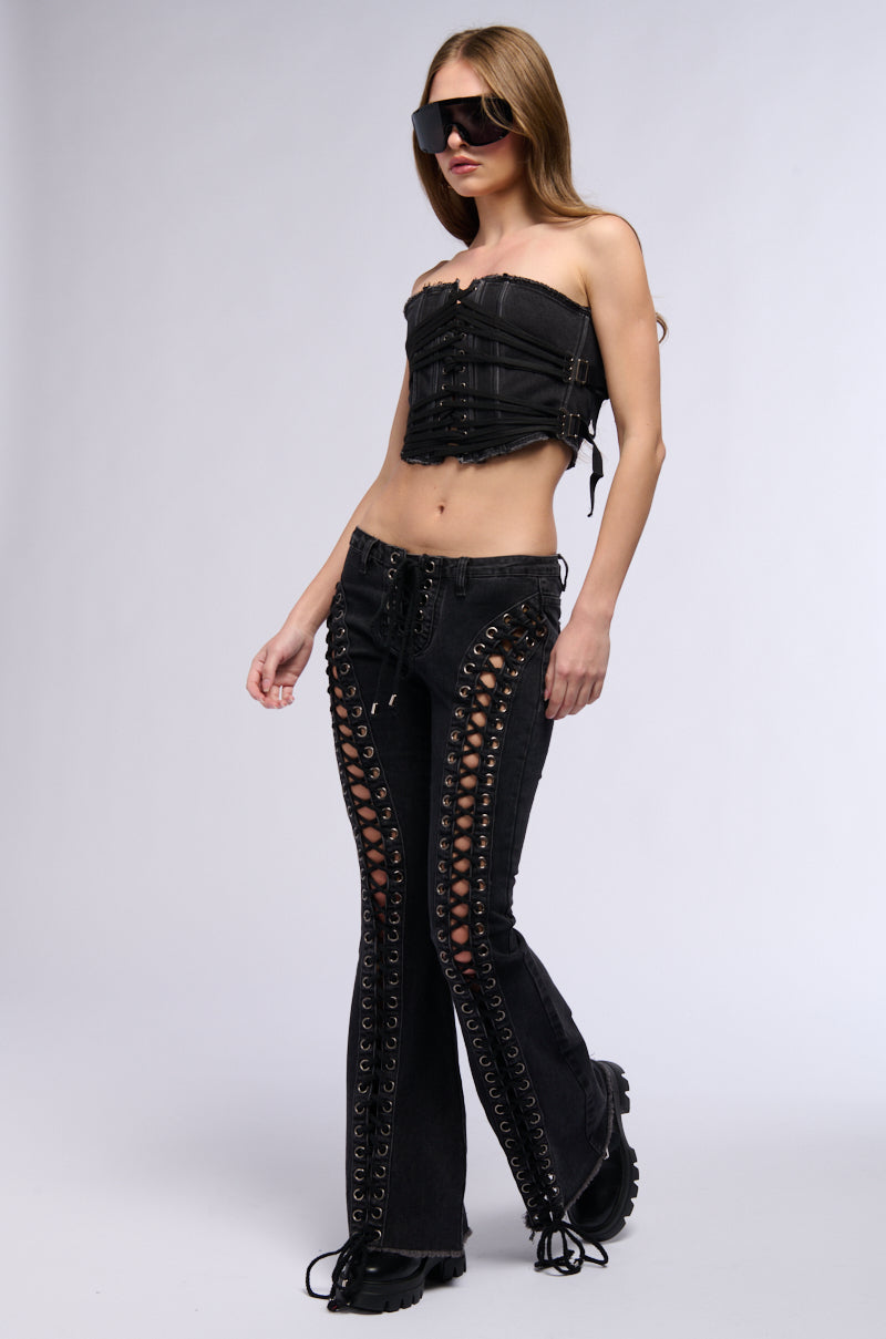 KAT LACE UP LOW RISE FLARE JEANS